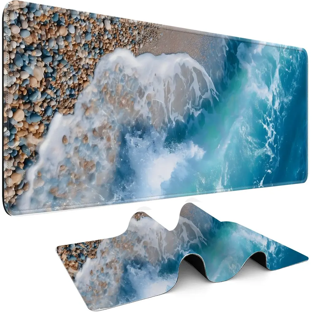 

Коврик для мыши XXL с изображением морских волн и пляжных камешков, нескользящий, резиновый, для игр и работы за компьютером