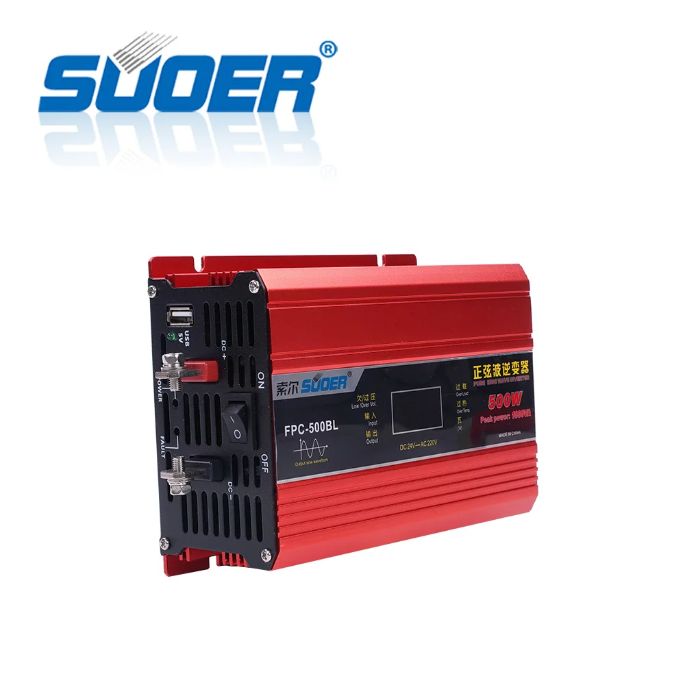 Suoer 【 Pure Sine Wave Inverter 】Pure Sine Wave Solar DC AC 24V 220V 500W Off Grid Inverter (FPC-500BL)