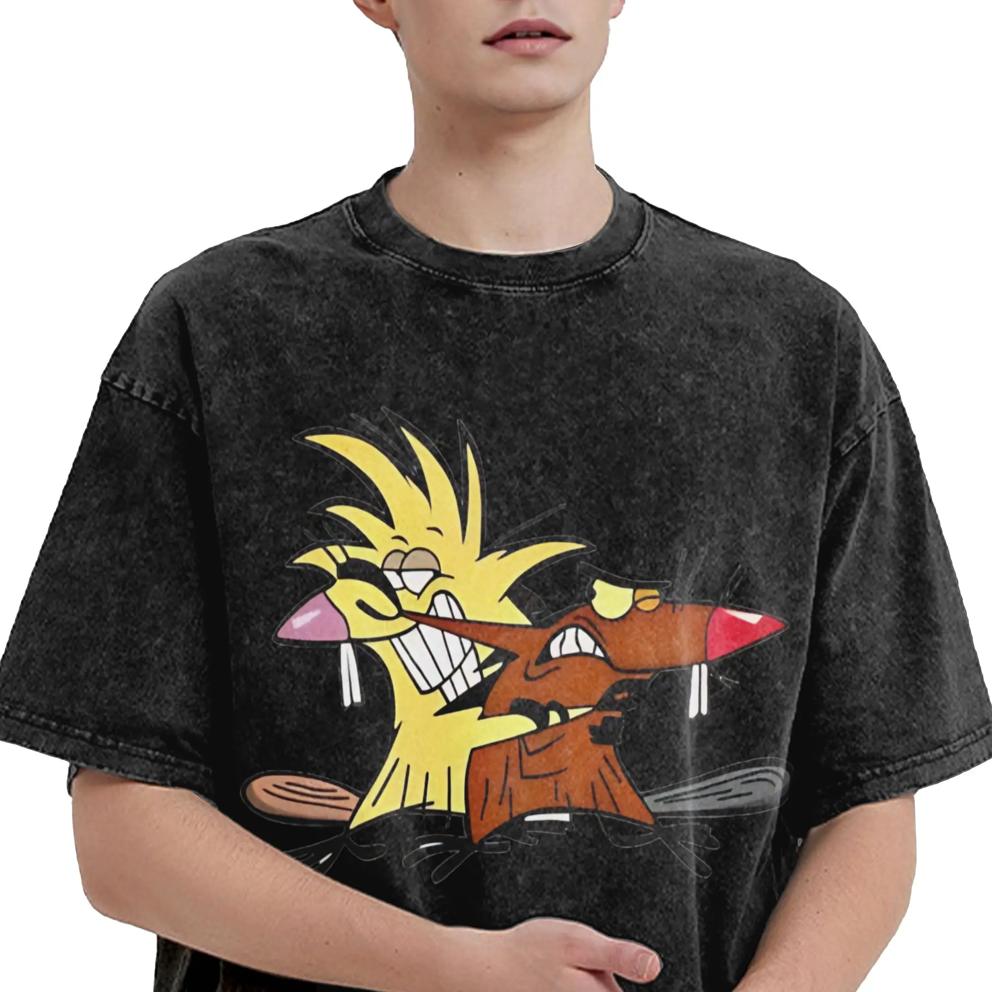 Angry Beavers Daggett & Norbert Feverish  T Shirt Hip Hop Washed Short Sleeve Harajuku T-Shirts  Vintage Men Women Streetwear
