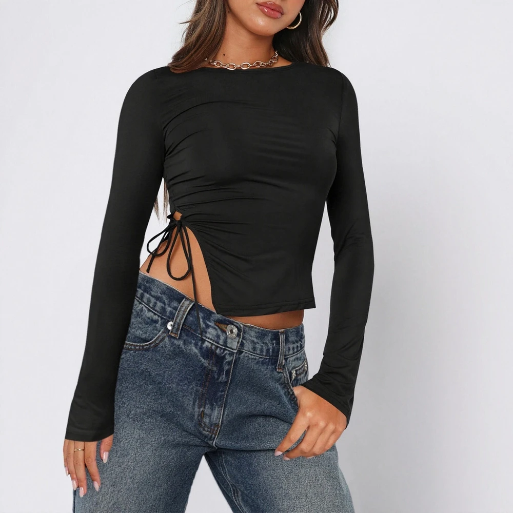 

Женские футболки, осенне-зимние элегантные модные мягкие классические однотонные повседневные футболки с длинными рукавами и круглым вырезом 2025 года