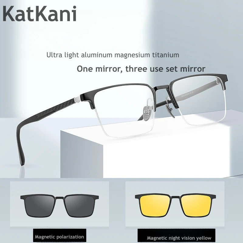 KatKani  Pure Titanium Ssquare Magnetic Suction Three Purpose Set For Men's Eyeglass Frame Optical Prescription Eyeglass Frame