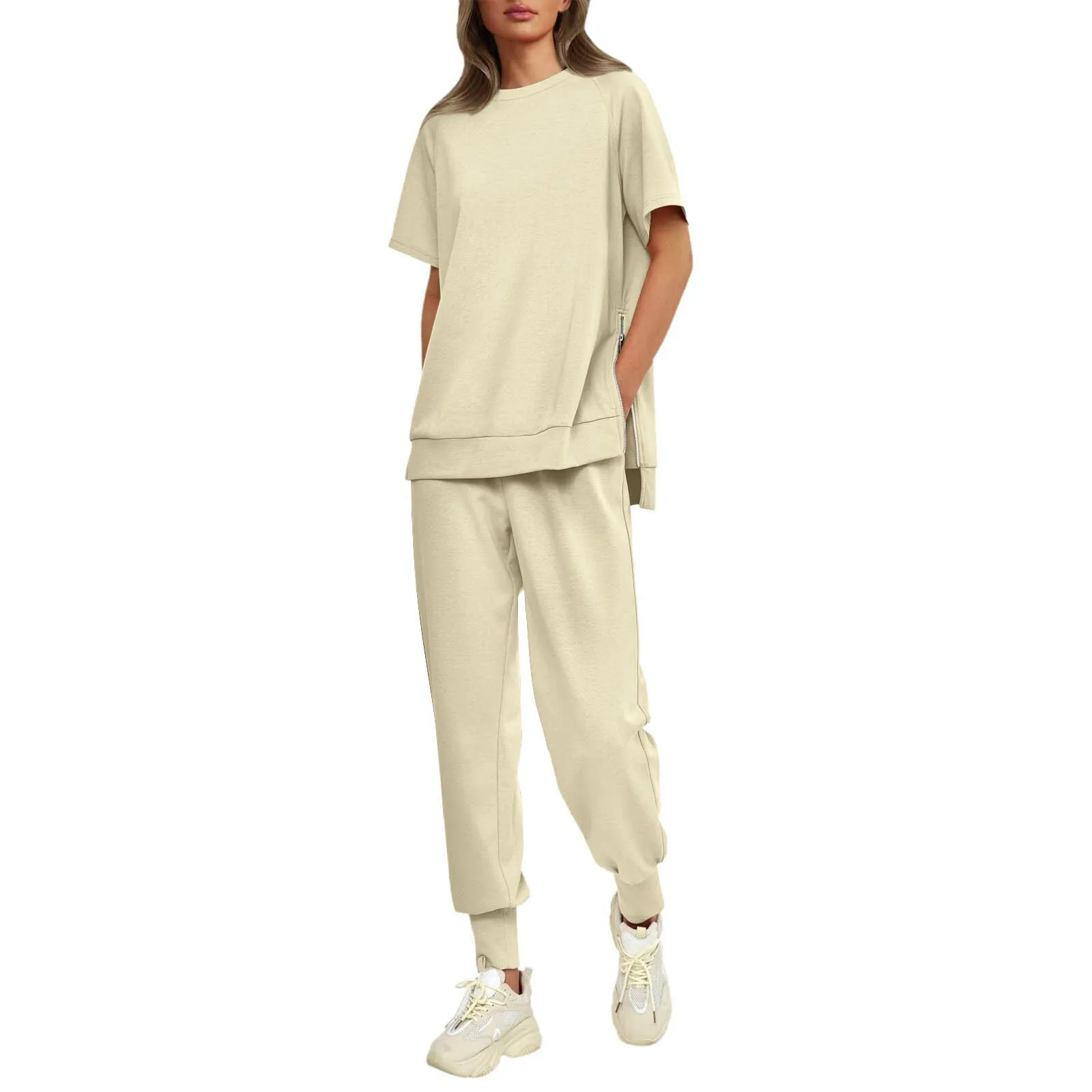 Elegant Women Two Piece Set Tracksuit 2024 Summer Solid Color Short Sleeve Top With Side Zipper Loose Long Pants Set Casual Suit