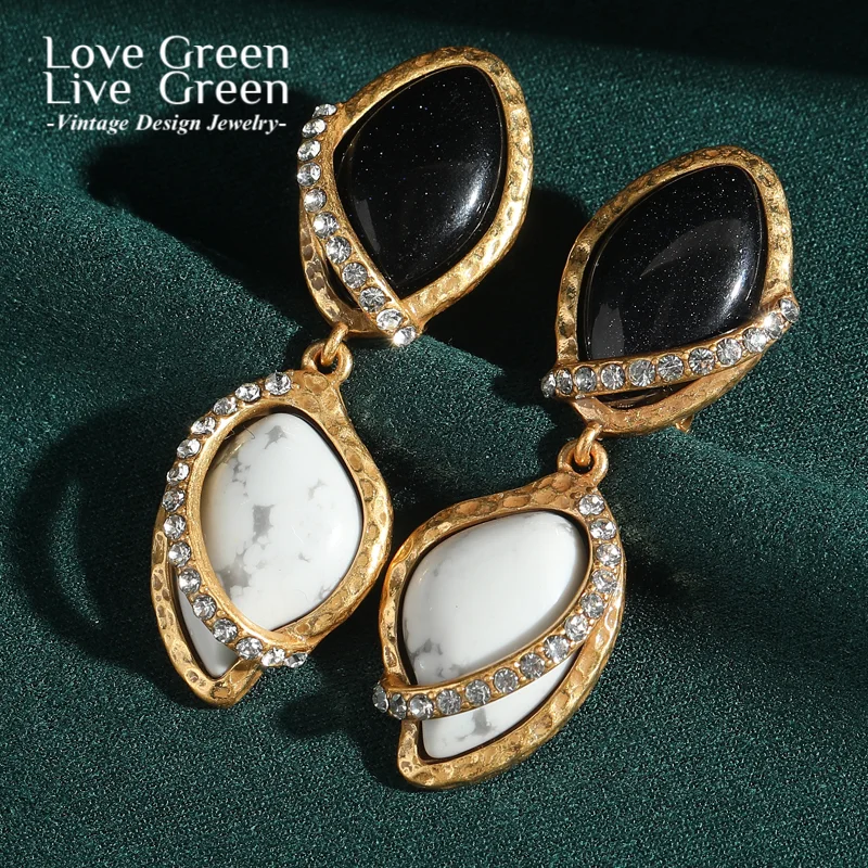 

Vintage Black White Natural Stone Unique Drop Earring Gold Color Rhinestone Trendy Jewelry 2025 Luxury Quality Designer Trends