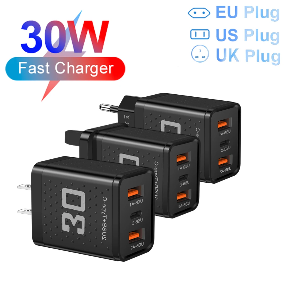 30W USB C Charger 3 Ports Fast Charging Phone Charger Power Adapter For iPhone Samsung Xiaomi Huawei EU/US/UK Plug Wall Charger