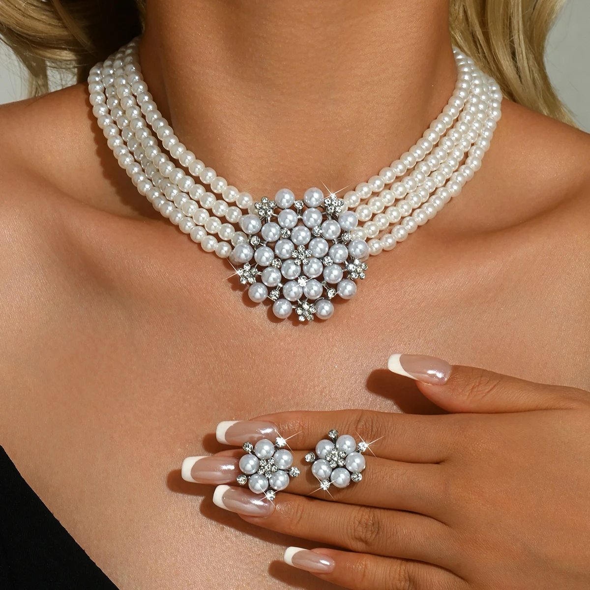Women Fashion Photoshoot - Damen-Mehrstrang-Perlenblumen-Strass-Schmuckset, 2-teilig, Vintage-Brautset, leichtes Hochzeits-Reise-Fotoshooting-Geschenk-Accessoire