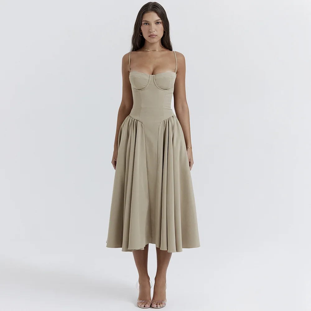 

ICCLEK Corset Sundress Elegance And Comfort Modern Woman Outfit With Pocket Sun Dress In Khaki Vestidos Elegantes Para Mujeres