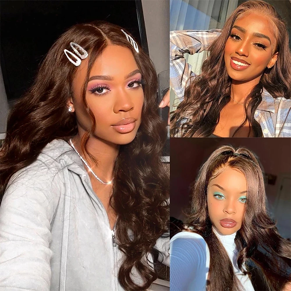 Perruque Lace Front Wig Body Wave naturelle sans colle, cheveux humains, brun chocolat, 30 38 amaran, 13x6, 13x4, pre-à-porter, pour femmes