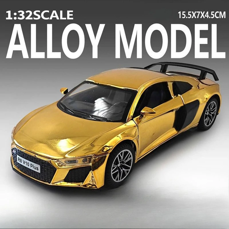 โมเดลรถสปอร์ต R8 ไดแคสต์ ขนาด 1:32 พร้อมเสียงและไฟ ของเล่นรถโลหะแบบดึงหลัง ของขวัญวันเกิดสำหรับเด็กผู้ชาย รถของเล่นเคลือบไฟฟ้า