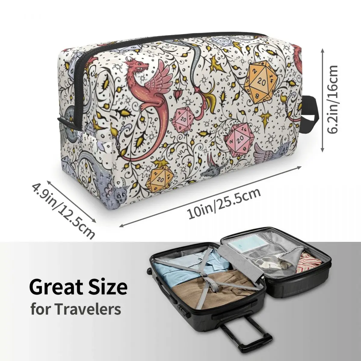Medieval Dragon And D20 Dice Dnd Pattern Makeup Bag Cosmetic Organizer Storage Dopp Kit Toiletry Cosmetic Bag for Women Beauty