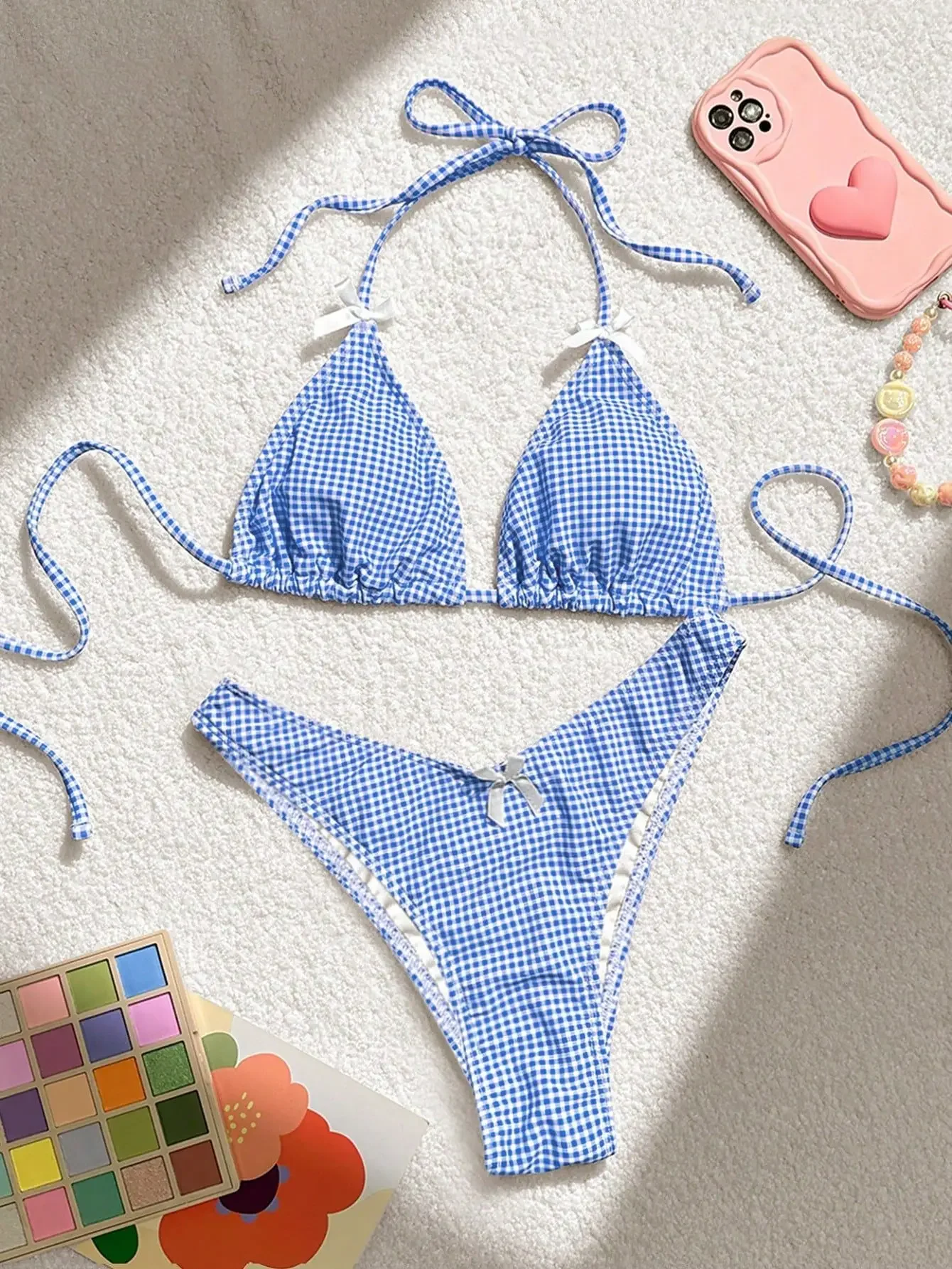 Blue Plaid Print Two Piece Swimsuit for Women Sexy Bow Suspender Backless Bikini Set High Waist Thong Beach Bathing Suit 2027
