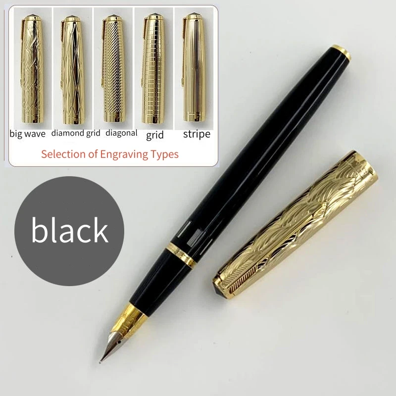 WingSung 601A Vintage Vacuum Piston Fountain Pen with Double Blue Stone Gold Carved Cap and F 0.5mm Iridium Nib Pens for Writing