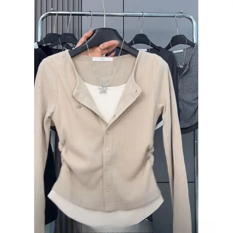 Primavera Otoño Invierno ropa interior estilo Casual fibra de poliéster longitud corta Slim Fit cuello pico manga larga Base camisa camiseta de mujer