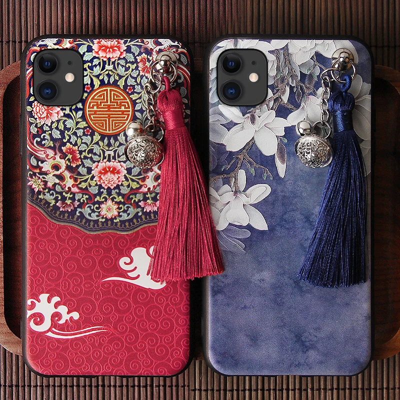 3D Relief Case for iPhone 13 12 11 Pro Max Mini XS XR X 7 8 6S Plus SE 2020 Case Emboss Tassel Bell Anti-knock Soft Cover Shell