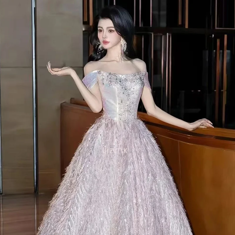 Strapless Tassels Wedding Dresses Women Pink Long Evening Party Gown Women Sexy Off Shoulder Formal Celebrity Dress 2025 New