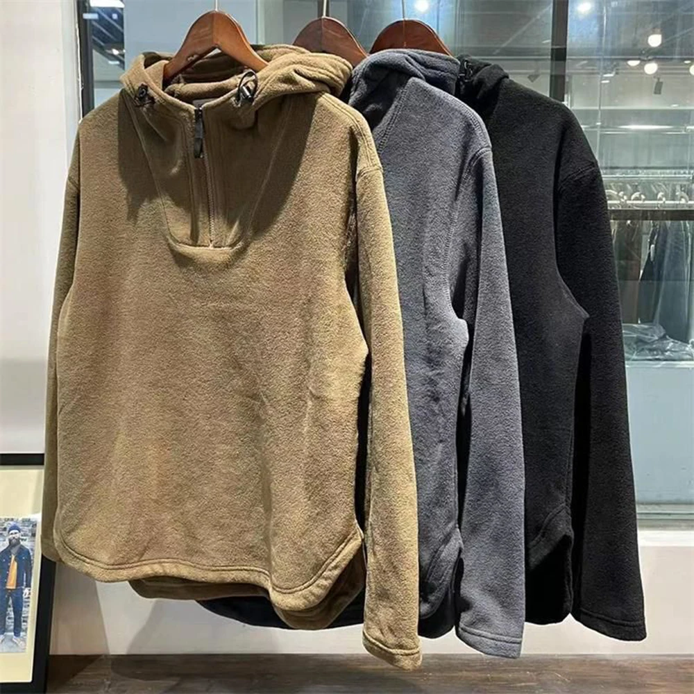 

Autumn And Winter Plus Size Men Top Solid Color Double-Sided Polar Fleece Warm Loose Hooded American Retro Half-Zip Sweatshirt