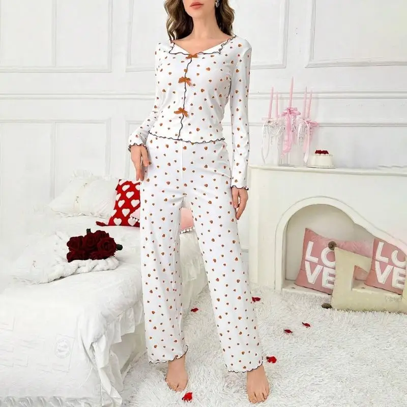 77HE per pigiama da donna a coste, camicia a maniche lunghe e fondo morbido