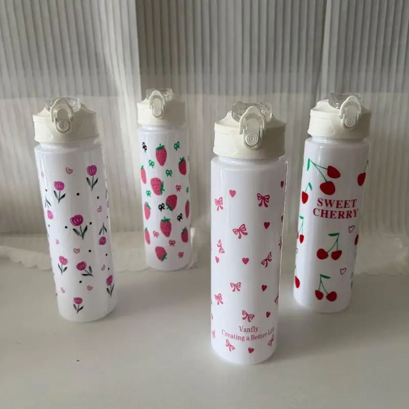 750ML White Water Bottle Full Printed Cartoon Strawberry Bow Flower Fade Resistant Leakproof Reusable Stylish Cup For Sports