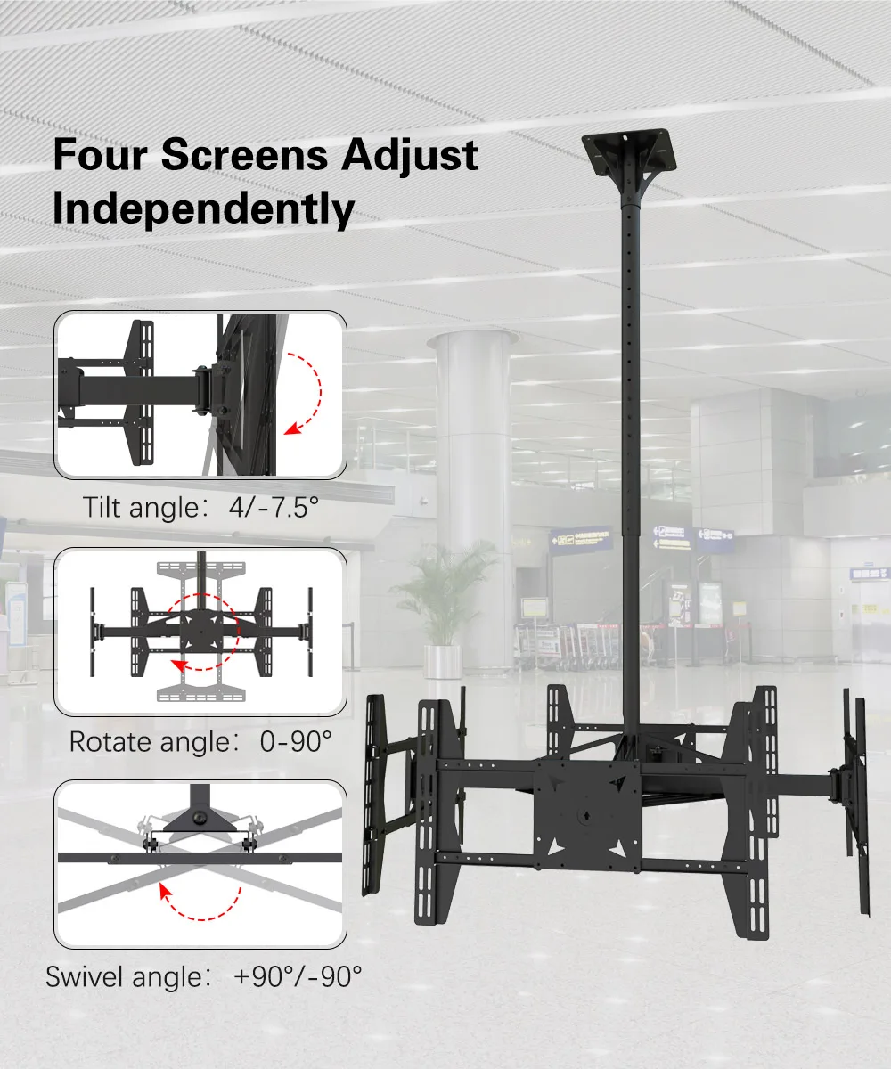 Height Adjustable Rotate Tilt Flip Ceiling TV Mount 4 Digital Advertising Screens SPCC Material 80LBS Capacity 32