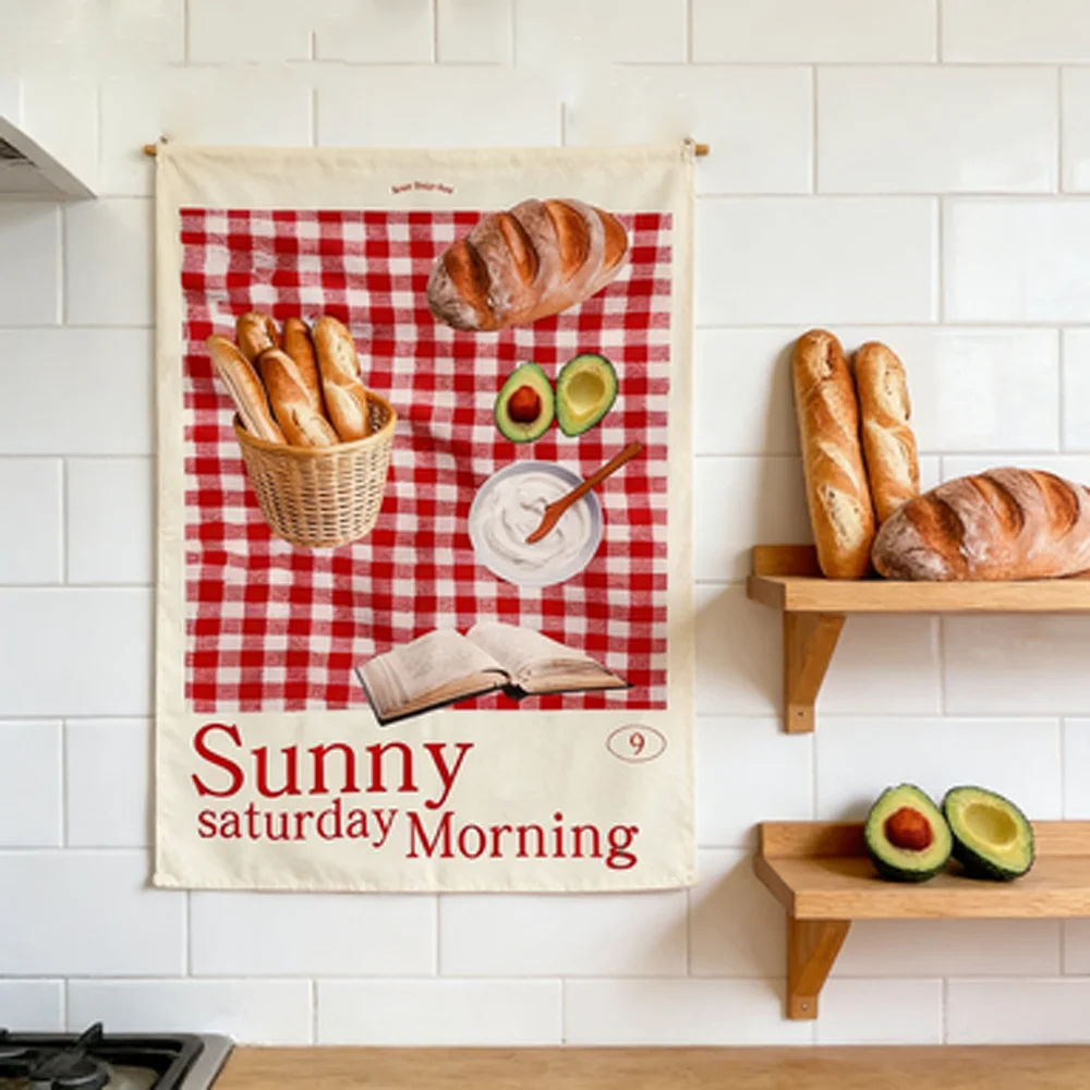 Korean Style Food & Dessert Tapestry Red Grid Table Mat Cloth Ambient Background Wall Decor for Coffee Shop