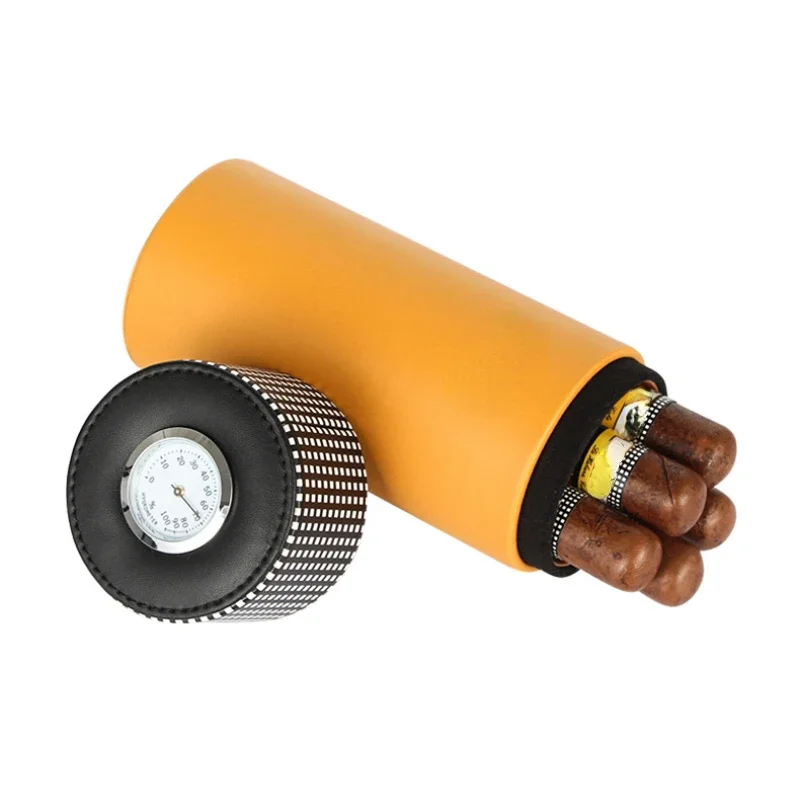Leather Wood Cigar Humidor Cigar Box Tube Jar with Hygrometer Cedar Wood Cigar Tube Holder Humidifier Travel Cigar Tube Box Case