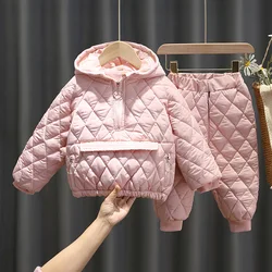 Cute Baby Girls Cotton Padded Hooded Pullover Coats Tops+Pants 2Pcs Winter Thick Warm Children Clothes Sets Korean Kids Clothing