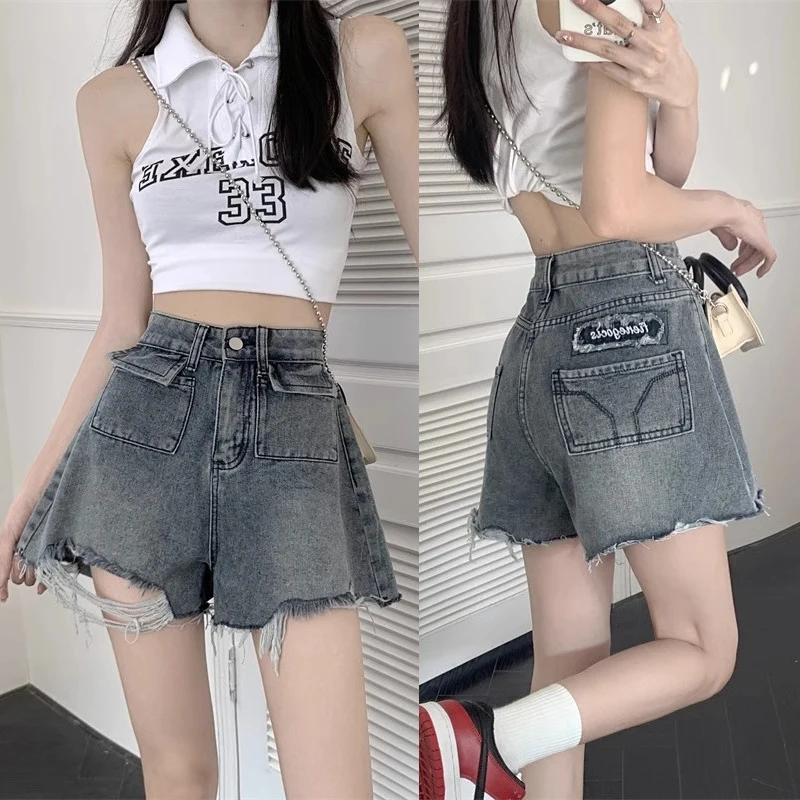 

Woman High Waist Trashy Y2k Loose Wide Leg Jeans Female Streetwear Ripped Pants Lady Vintage Blue Denim Hole Shorts Large Size