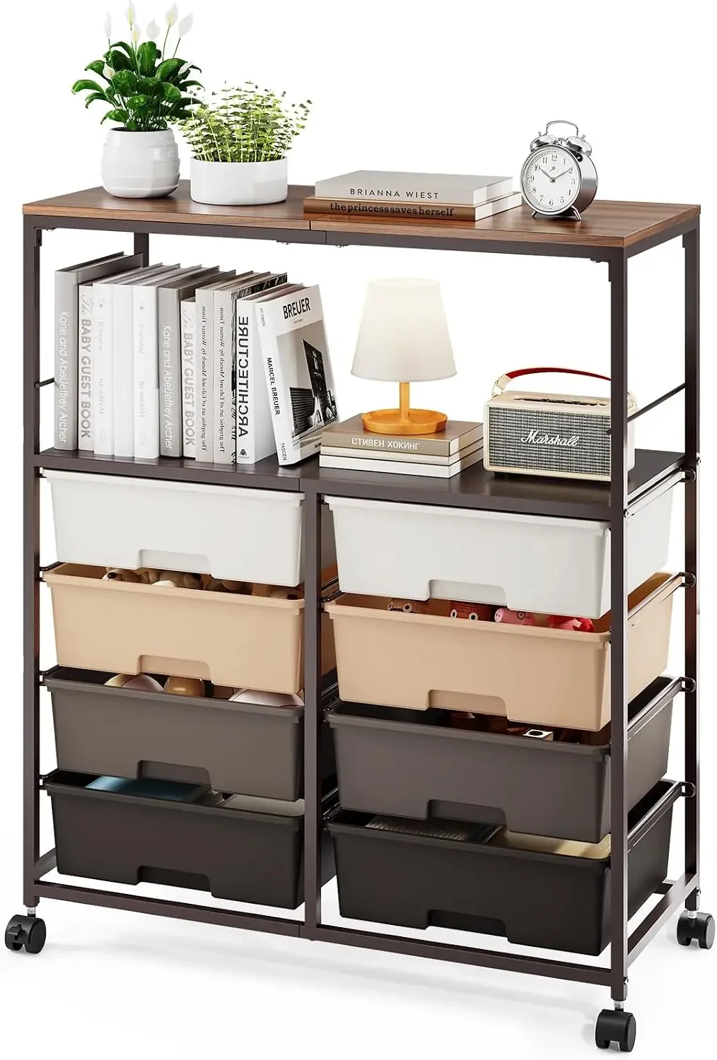 8 Drawers Rolling Storage Cart with Wooden Top, Multipurpose Utility Cart with Opening Shelf & Lockable Wheels, Storage Drawer C
