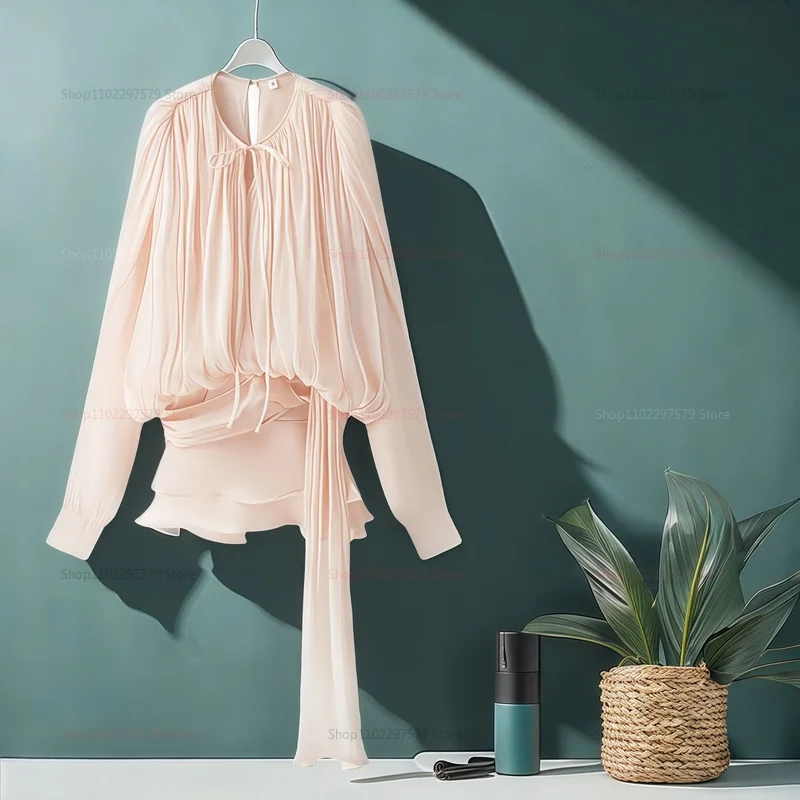 Женское модное трендовое плиссированное мини-платье Элегантная короткая юбка с рюшами и длинными рукавами с завязками на шее-фонарике Струящееся однотонное платье