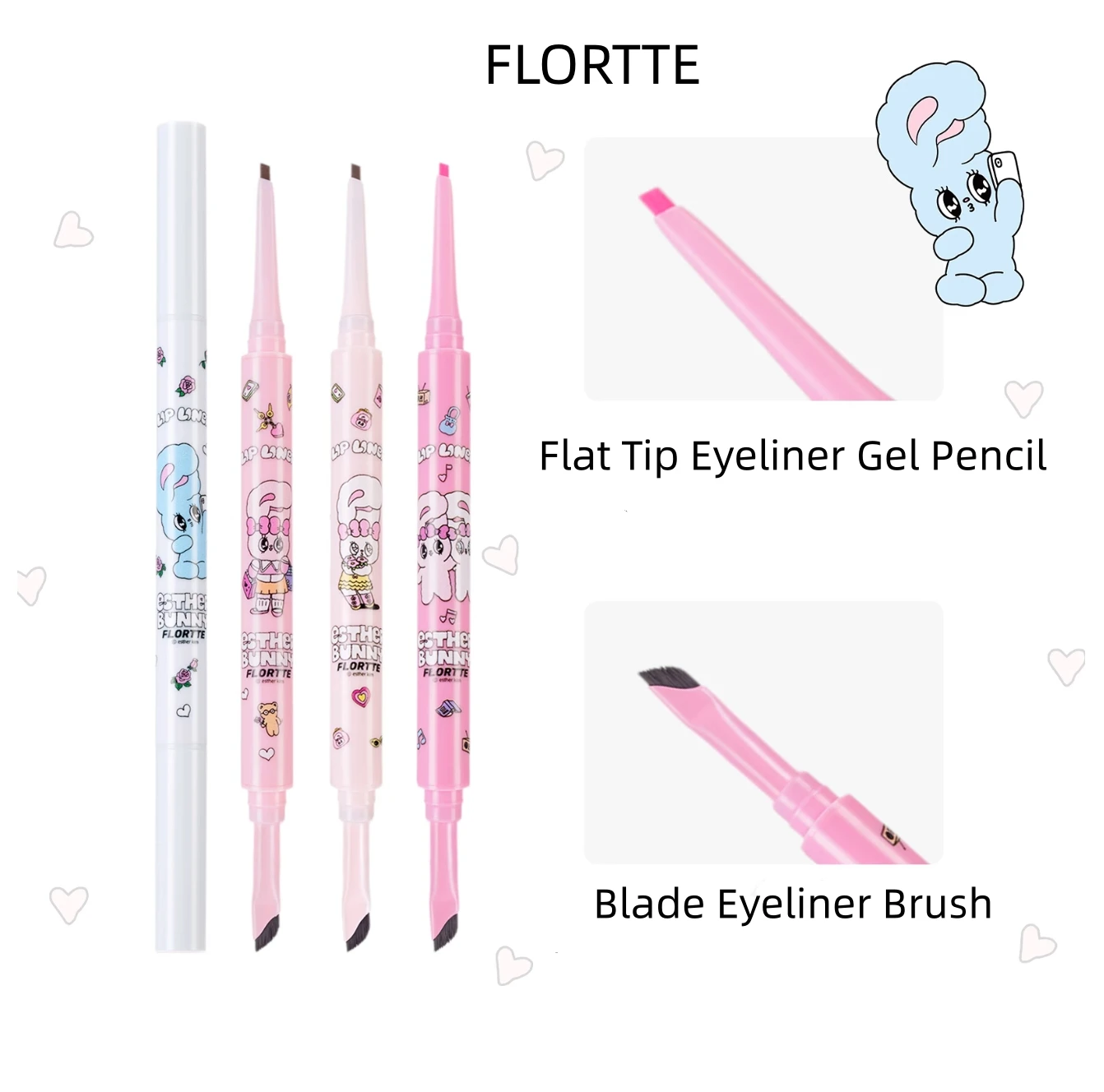 FLORTTE Esther Bunny Double-Ended Eyeliner Pencil With Blade Eyeliner Brush Flat Tip Eyeliner Gel Pencil Women Cosmetics Makeup