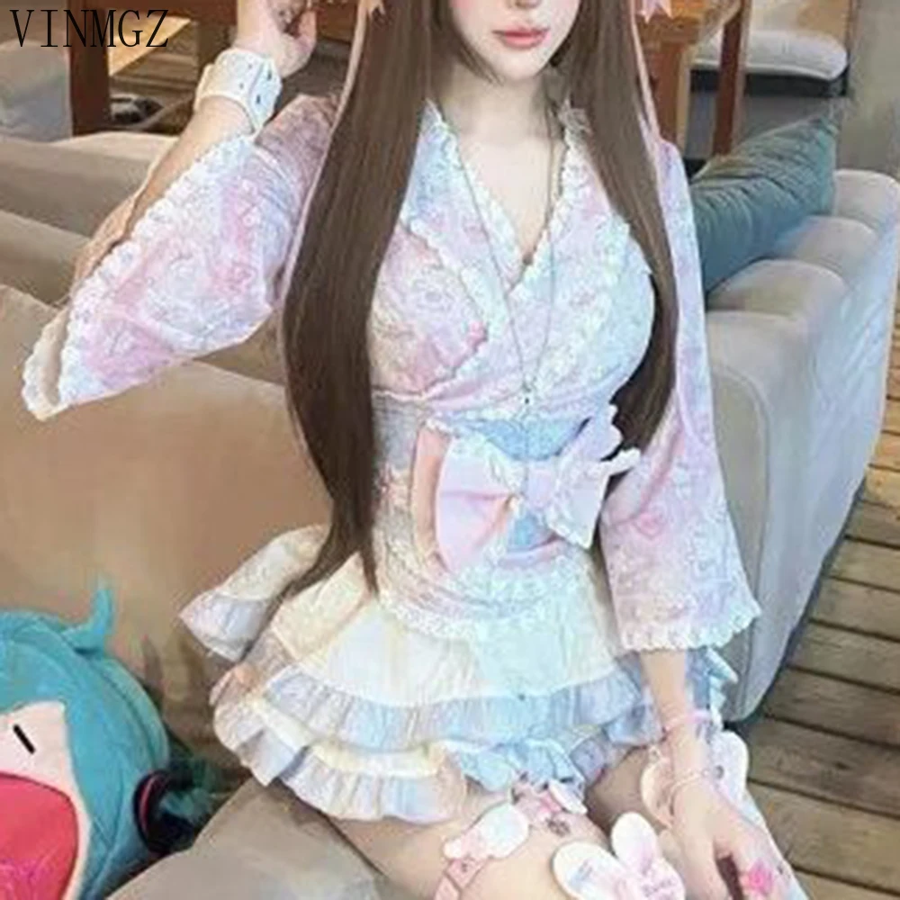 Japanese super fairy cute girl puffy  style popular skirt floral ins bow waist seal maid forest series  Slight Strech