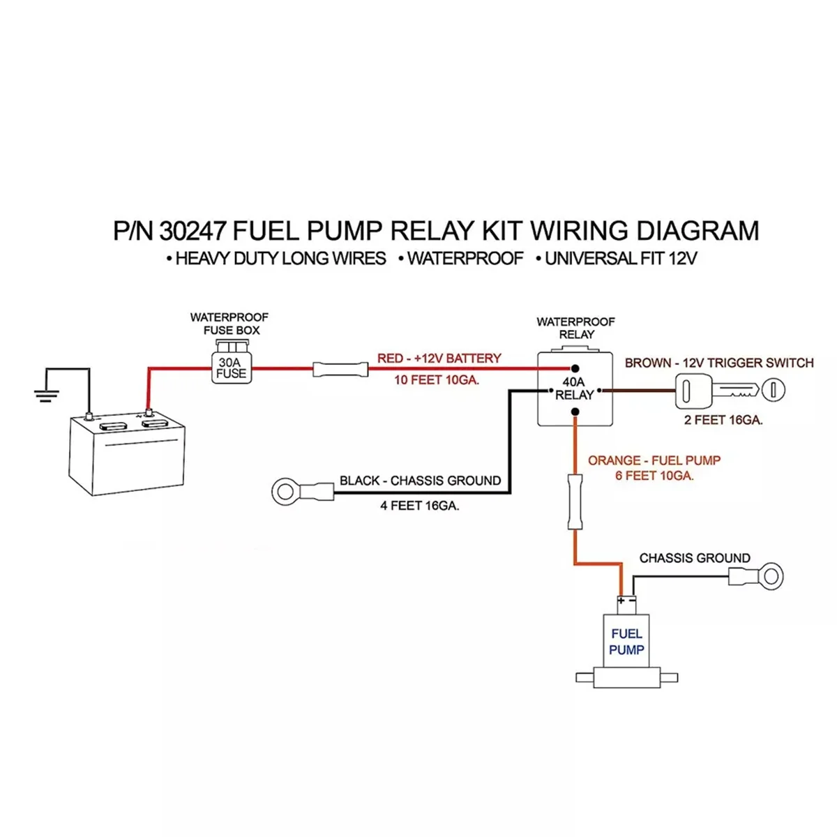 For P/N 30247 12V System Electric Fuel Pump Relay Bypass Kit Waterproof Relay Switch Kit