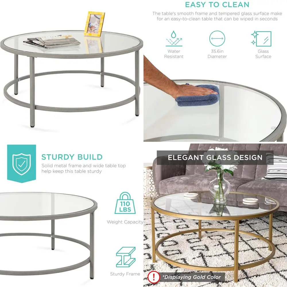 

Modern 36 Inch Round Tempered Glass Coffee Table Accent for Living Room, Dining Area, Tea Time, Home Decor with Mid-Century Styl