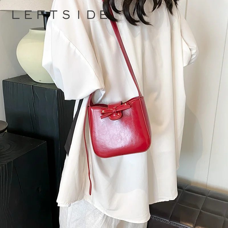 LEFTSIDE Mini Bow PU Leather Shoulder Bag Lady Handbags and Purses Women 2024 Y2K Korean Fashion Solid Color Crossbody Bag