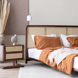 Nordic Japanese rattan double bed retro solid wood bed Home 1.8m log rattan bed