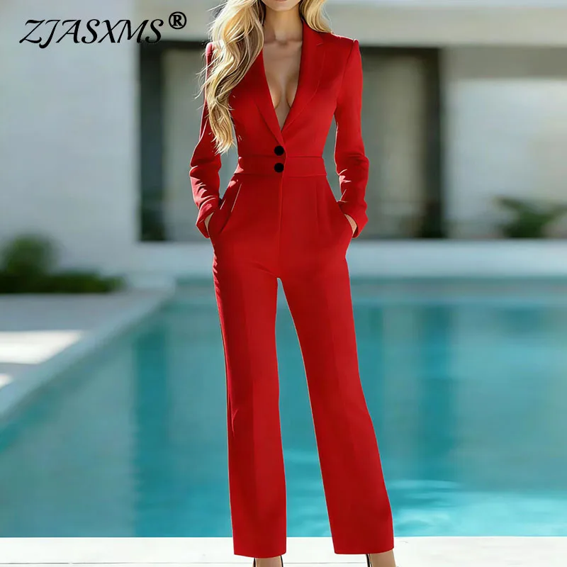 Elegant Business Solid Overalls Woman Lapel Deep V Neck Long Sleeve Two Buttons Straight Leg Romper New Office Cocktail Jumpsuit