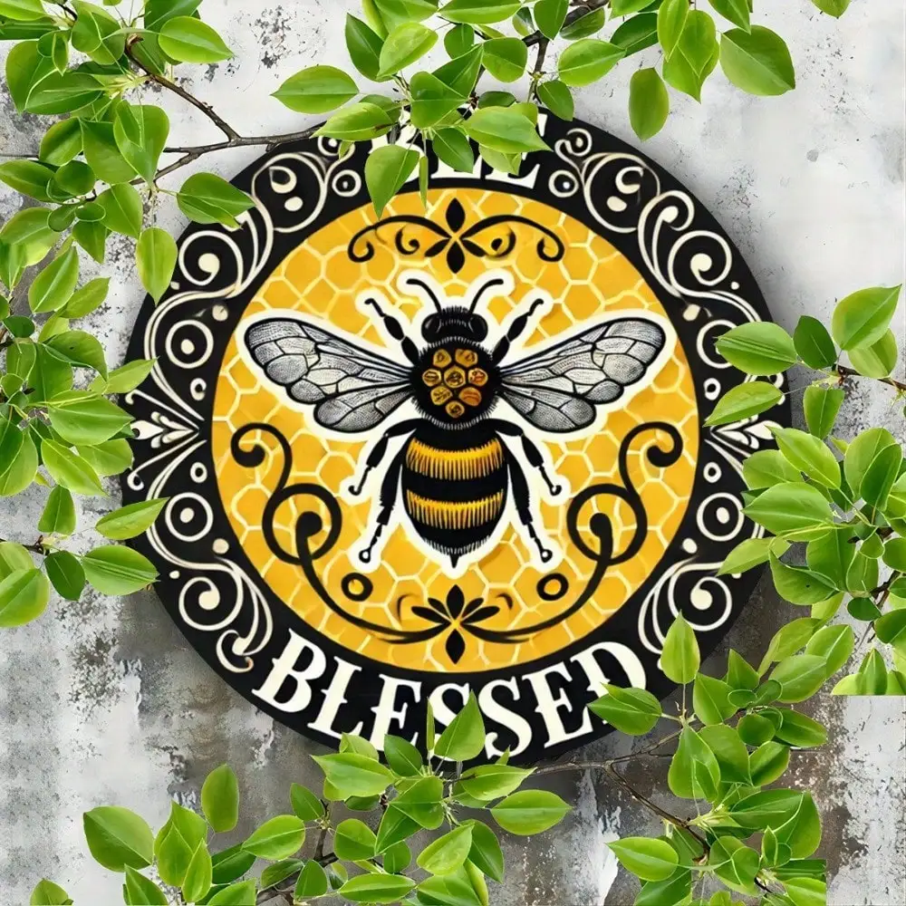BUMBLE BEE Vintage Metal Sign 8x8 Inch Round Wall Art for Kitchen Garage Decor