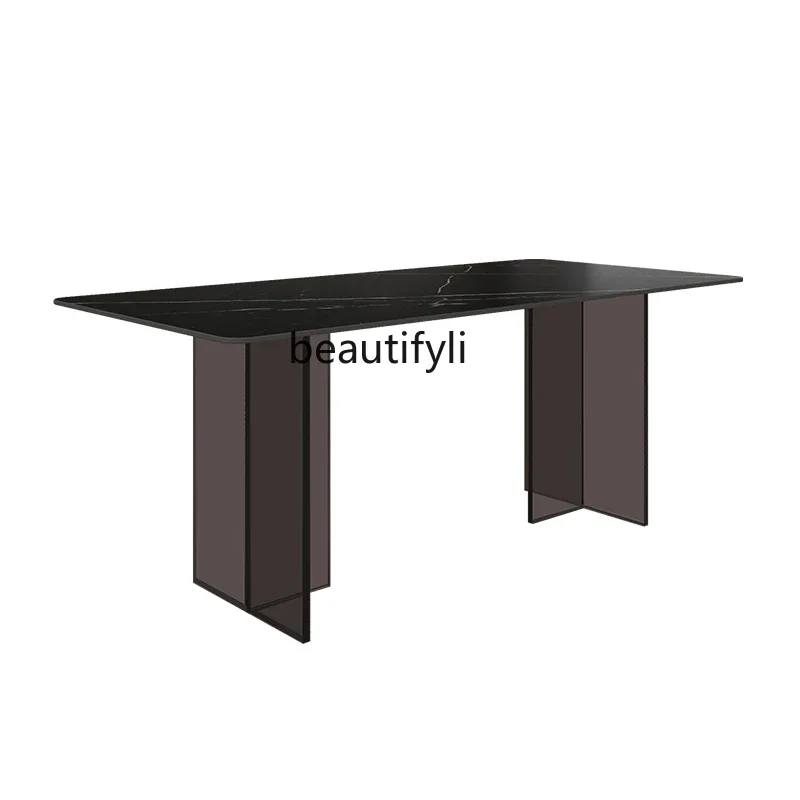 

lbAcrylic suspended rock slab dining table pure black rectangular household modern simple dining table