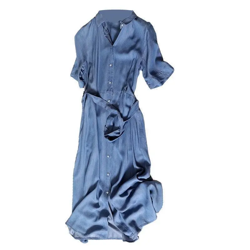 Robe en denim mi-longue pour femme, coupe-vent fin à simple boutonnage avec ceinture, manches courtes, nouvelle mode, printemps, été, automne