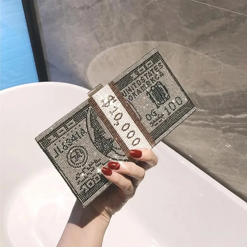 

NEW Usdollar Pattern Stack of Cash Designer Box Should Women Money Clutch Wallet Evening Bag Diamond Party Purse Handbag