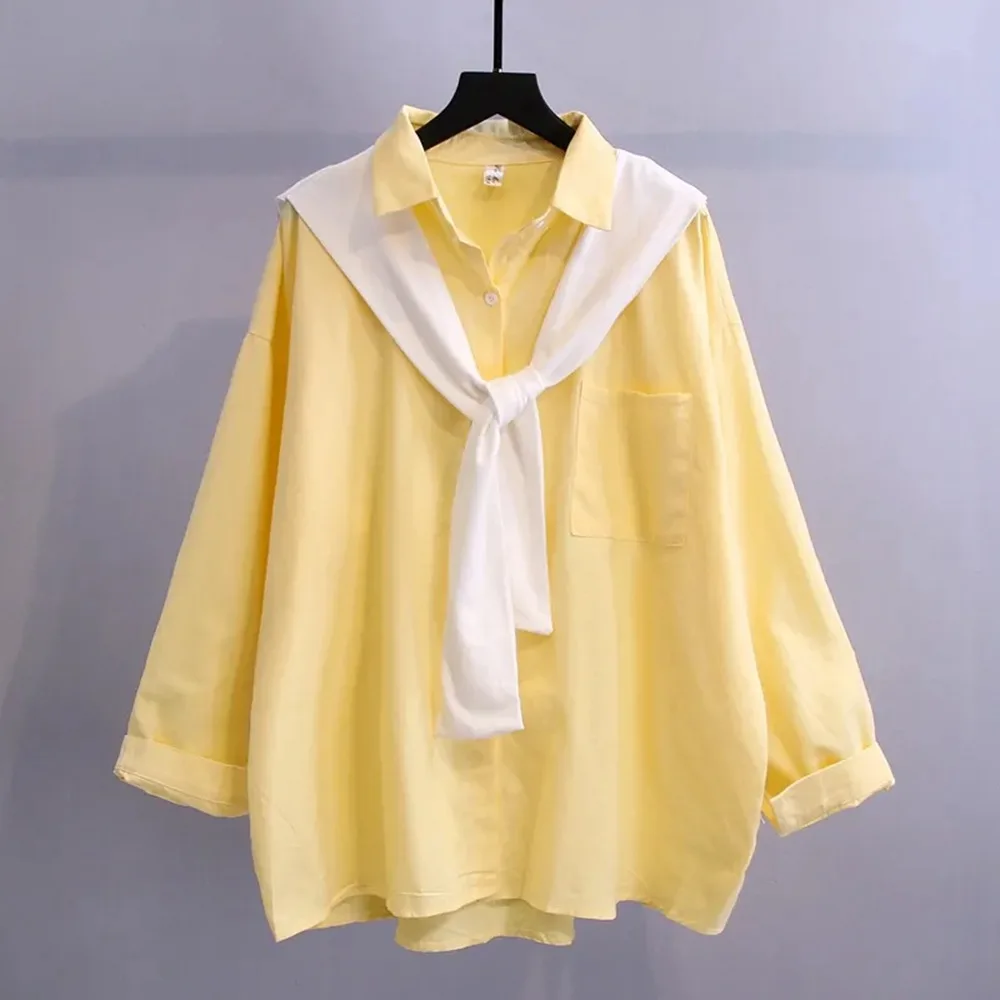 Plus Size 5XL 150KG Autumn Women Solid Shirt Turn Down Collar Long Sleeve Women Tops Two Pieces Oversized Elegant Women Blouses