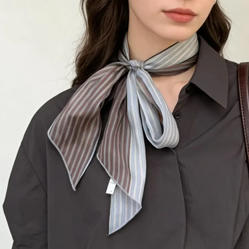 

Cool Toned Lightweight Single-Layer Chiffon Scarf for Vacation Spring Summer Hand Rolled Edge Slender Silk Ribbon Small Scarf