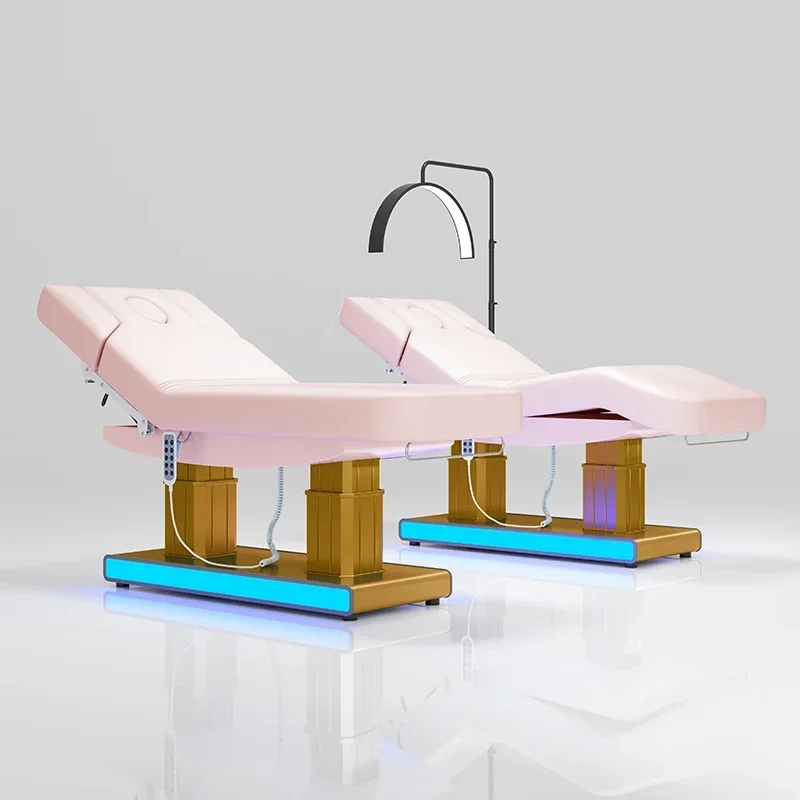 

-For Hot sale gold aluminum alloy base double column 4 motor electric massage bed pink facial bed for beauty salon