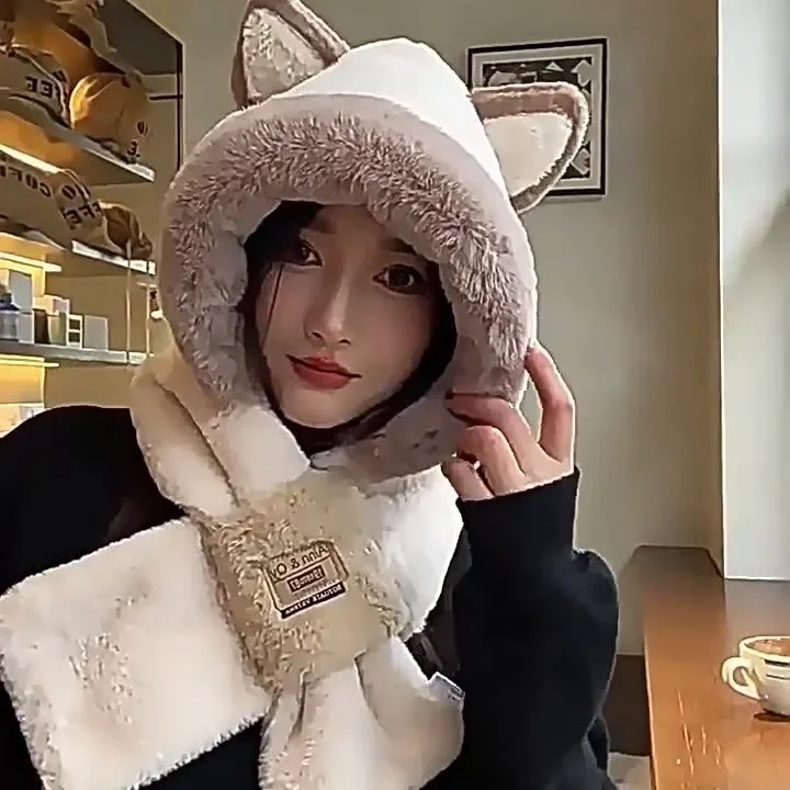 Winter Hat Scarf with Ears Warm Plush Fox Scarf and Hat in One Two-piece Set Cute Smart Warm Hats Plush Thicken Fluffy Hat women