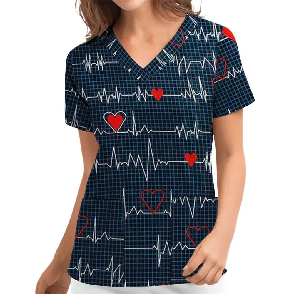 

Print Scrubs Top Women with Pockets V-Neck Scrub Uniforms Pet Grooming Nurse Spa Caring Shirt uniformes de enfermería para mujer
