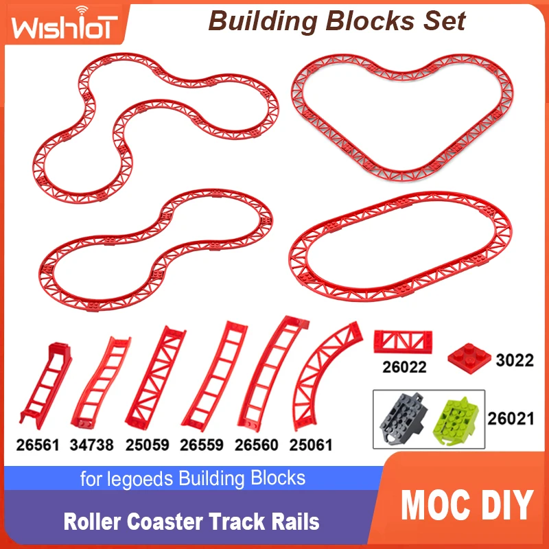 MOC Achterbahn-Schienen-Chassis, kleine Partikel, technische Teile, Baustein, Schiene, Bogen, Neigung, Schaft, Kanten, Ziegel 26021, 26060, 26559
