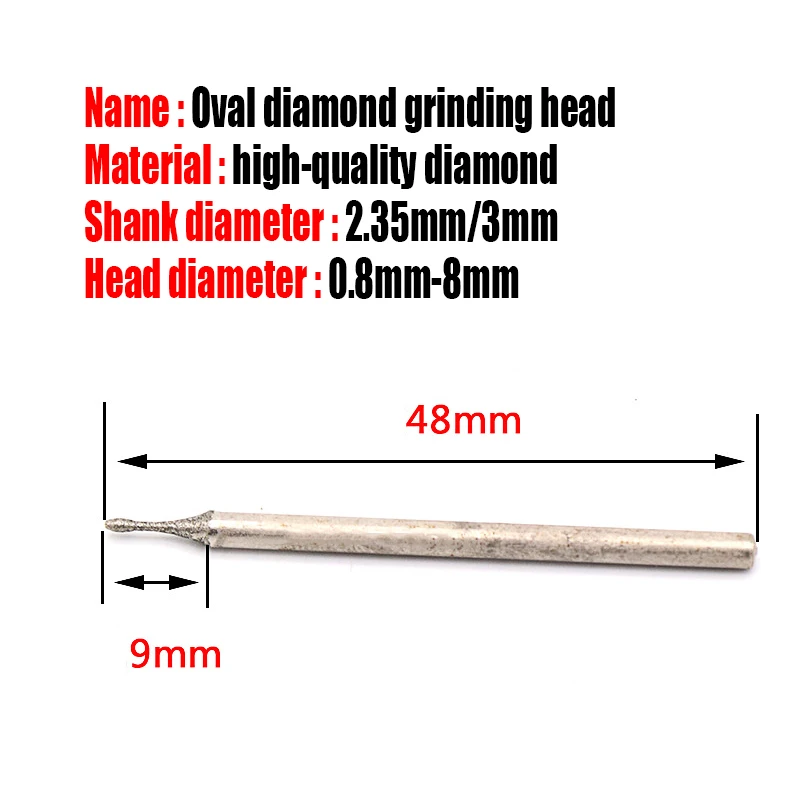 0.8-8mm Oval Diamond Grinding Head G Needle Bits Burrs Engraving Carving Tool 2.35/3mm Shank Grinding Bit Polishing Tool