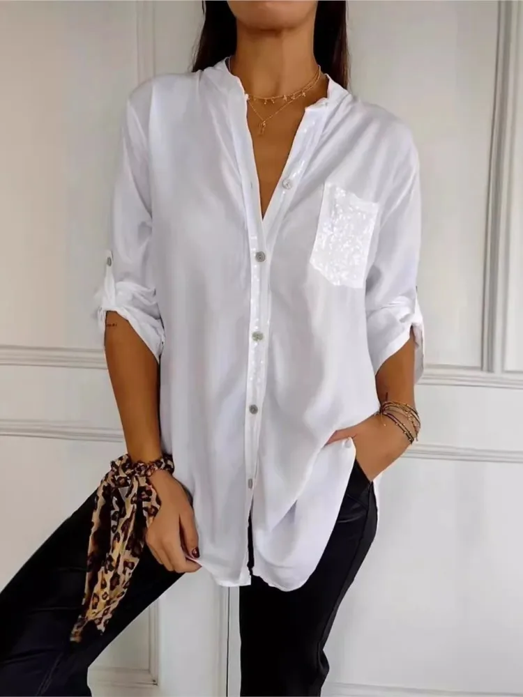 Camicia estiva minimalista da donna con scollo a v 2024 camicia da ufficio Casual monopetto a maniche lunghe con paillettes bianche eleganti da donna