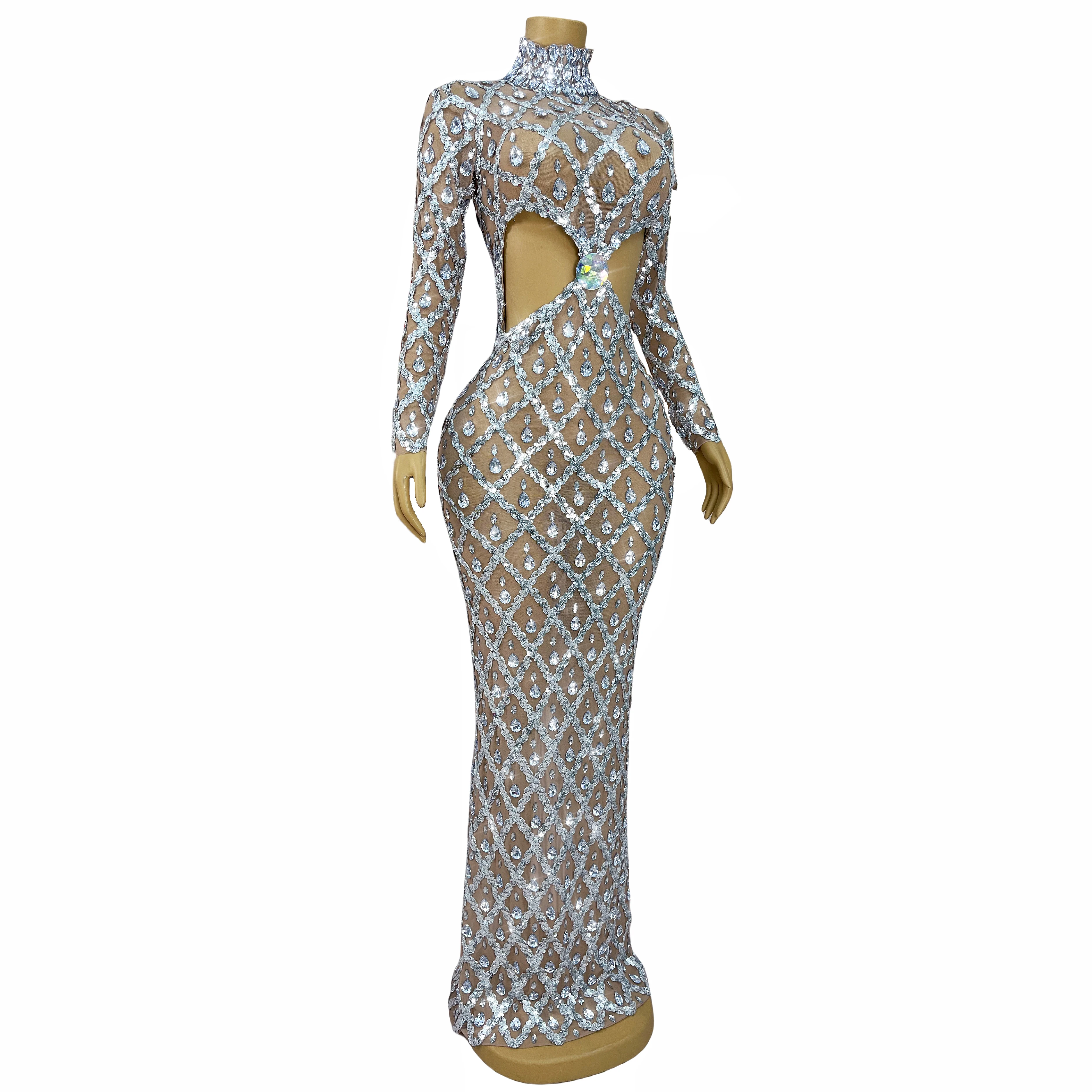 Sexy Hohltaille Transparent Mesh Sparkly Silber Strass Kleid Party Abend Feiern Outfit Modenschau Kleid Shaokaojia