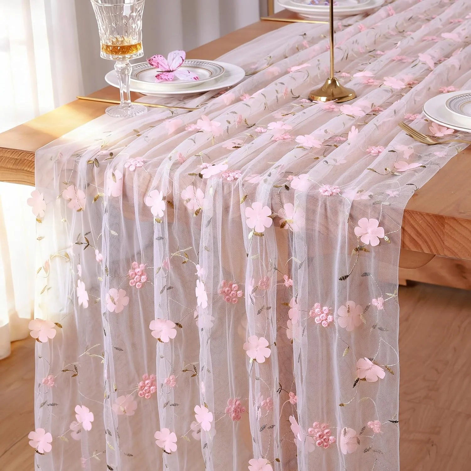 White 3D Flower Embroidered Tulle Table Runner, 1PCS Sheer Lace Table Decor for Wedding, Party