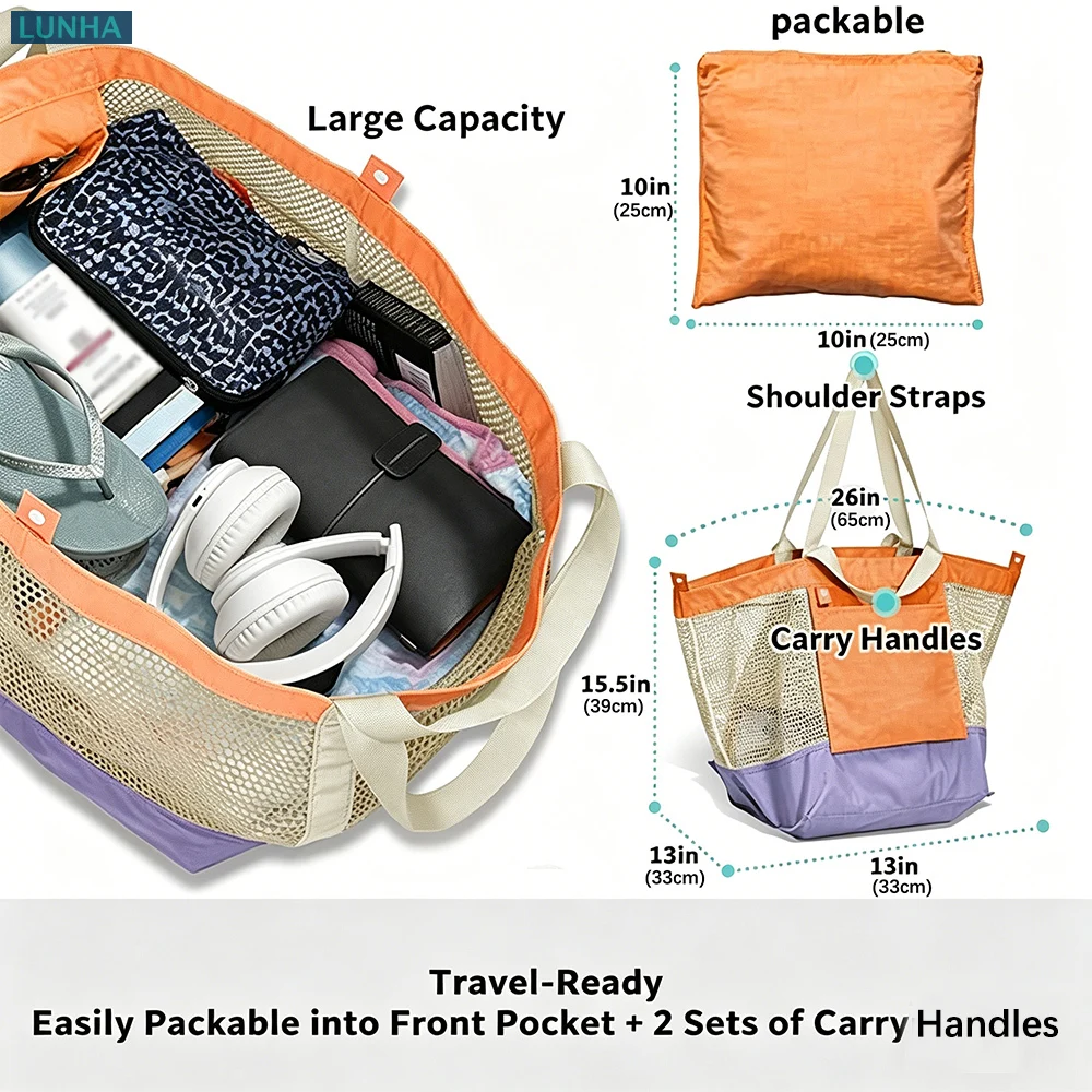 Mesh Nylon Beach Tote Bag Large Capacity Handbag Packable Summer Travel Bags with Water-Resistant Bottom for Beach Pool Gym